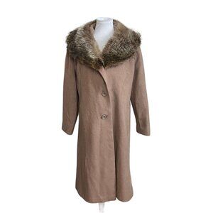 Vintage 70s M Coat Union Made Wool Fur Trimmed Collar Winter Coat Retro Pink Tan
